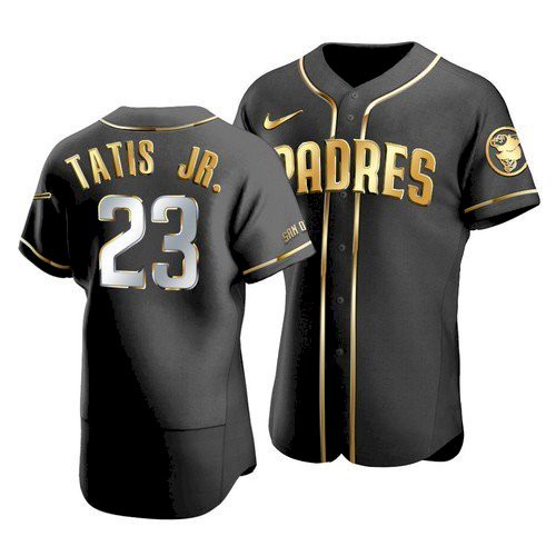 Men's San Diego Padres #23 Fernando Tatis Jr. 2021 Black Golden Edition Flex Base Stitched Baseball Jersey Men's San Diego Padres #23 Fernando Tatis Jr. 2021 Black Golden Edition Flex Base Stitched Baseball Jersey